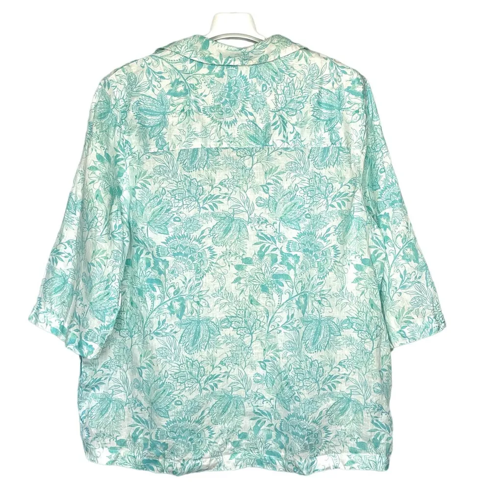Sigrid Olsen Linen Pullover Top Floral Print Side Buttons Turquoise Size 1X - Image 2