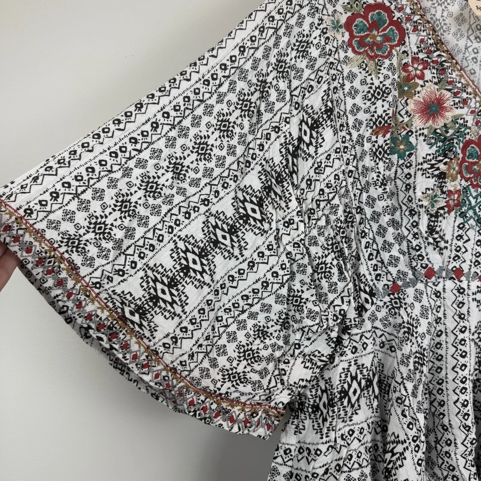 Savanna Jane Top Women S Multi Aztec Floral Embroidered Ruffle Blouse Boho Retro - Image 4