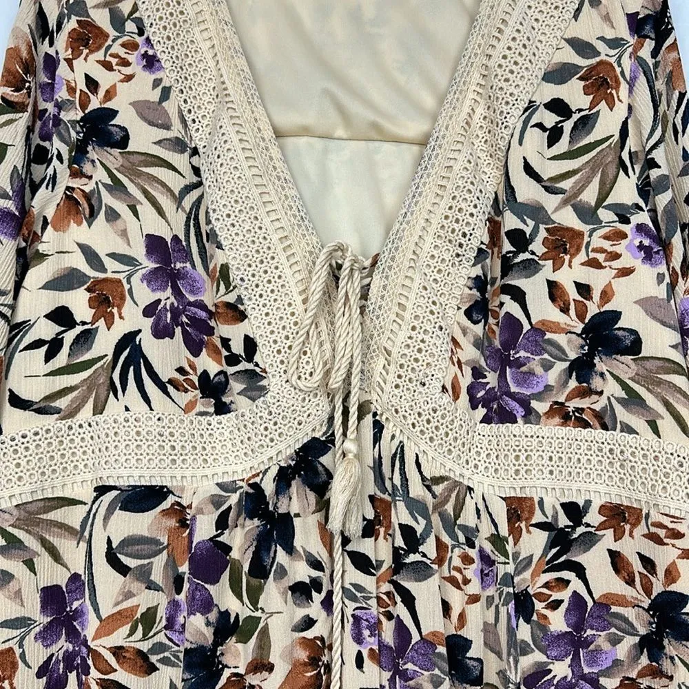 Mini Gauze Lace-Up Skater Dress Pluss Sz 3 plus Tassless Long Bell Sleeve - Image 7