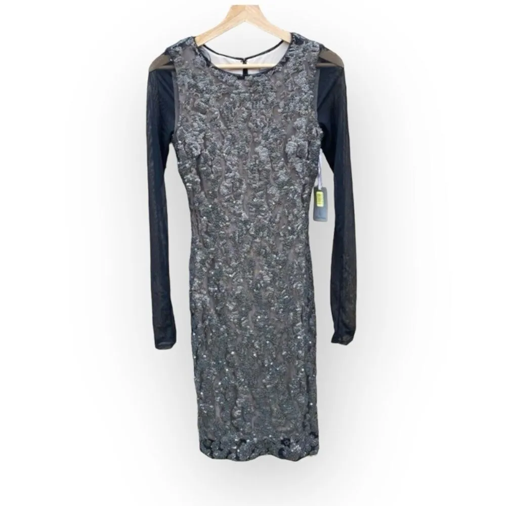 Vera Wang Gray Sequin Midi Bodycon Evening Cocktail Dress Size 2 - Image 3