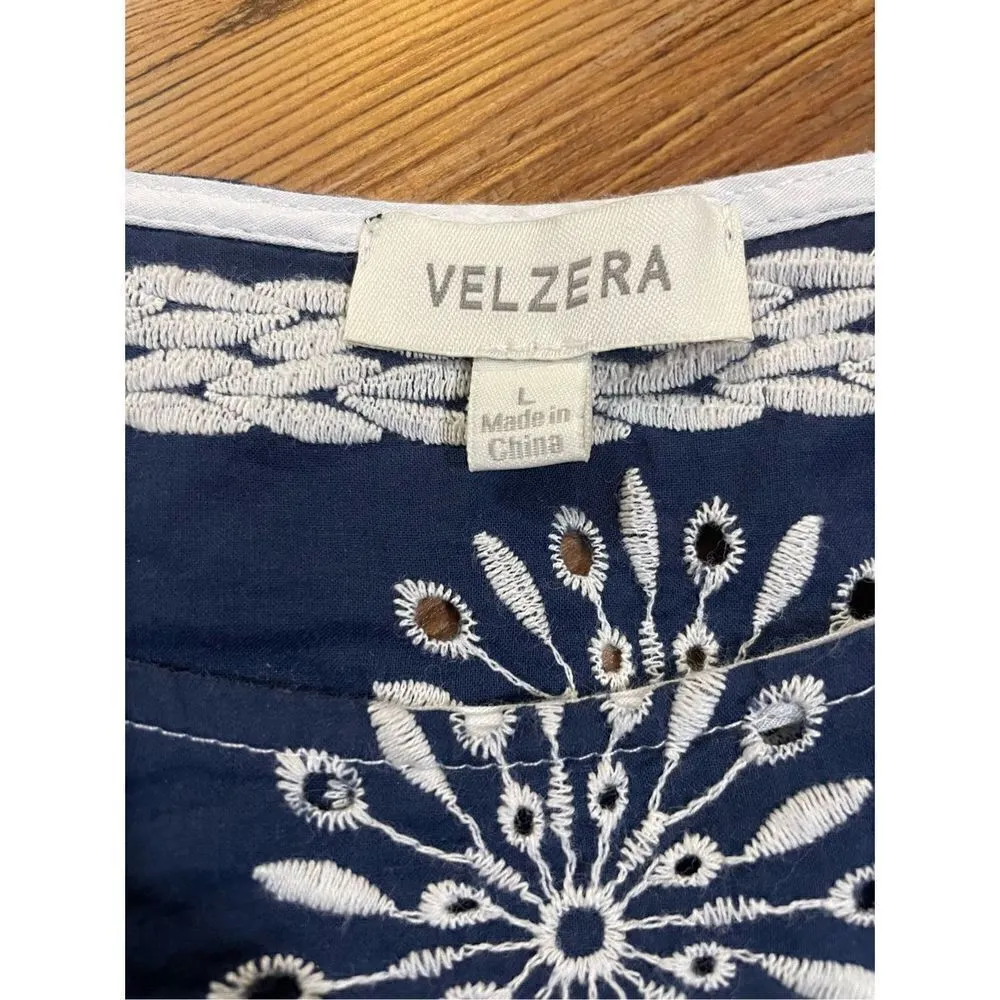 Velzera navy blue & white embroidered eyelet blouse with ruffle bottom hem & sle - Image 4