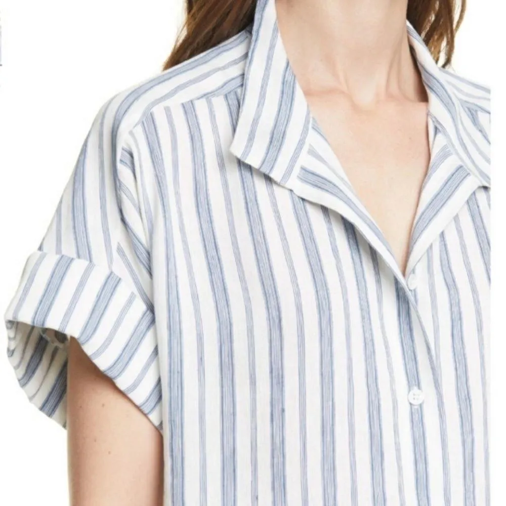 Frame Stripe Clean Collar Linen Blend Shirt In Off White Multi - Image 2