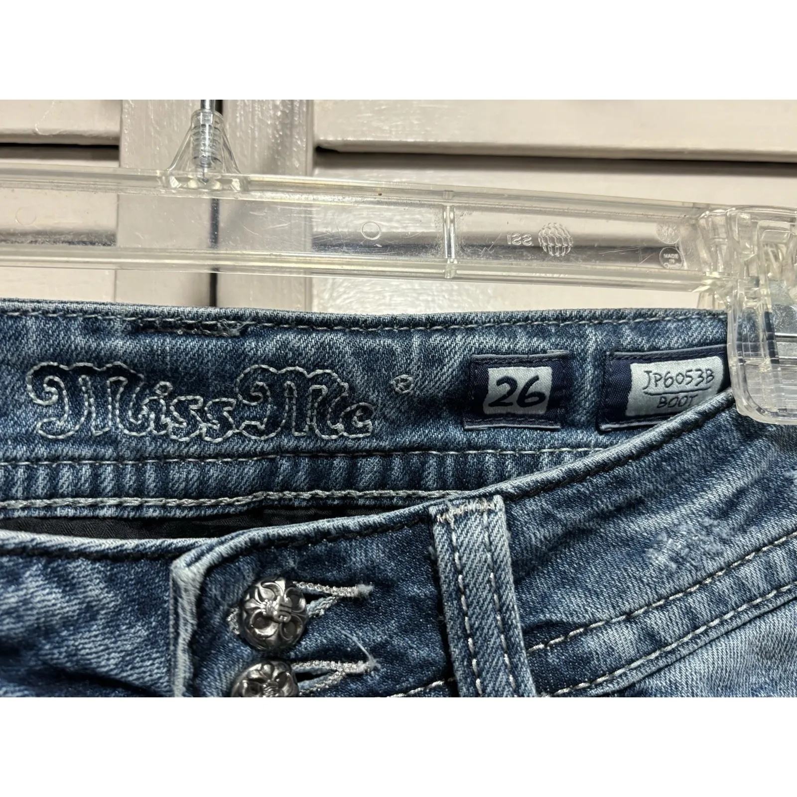 Miss Me Easy Boot  Denim Jeans Embroidered/Gems Med Wash Logo Size 26 Low Rise - Image 4