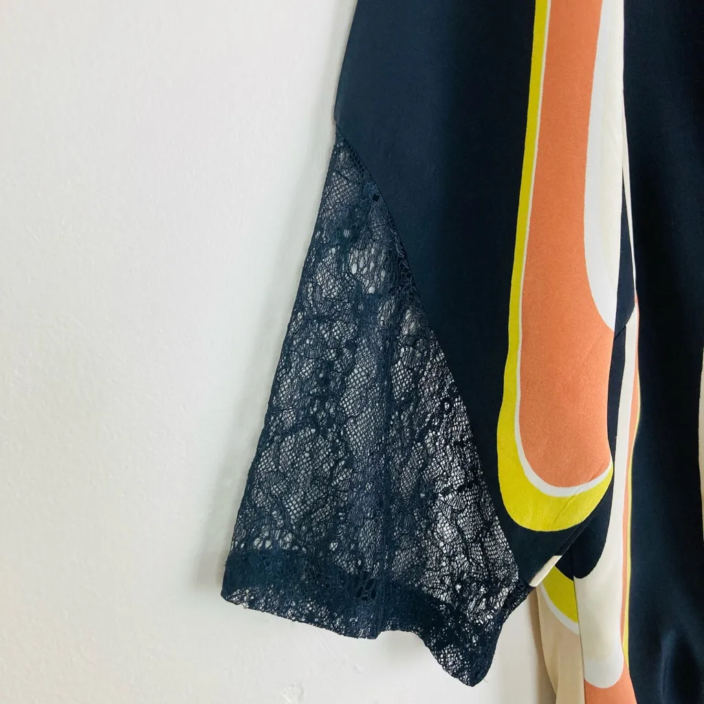 Skunkfunk mod print black orange yellow lace trim silk mini dress with v - Image 6