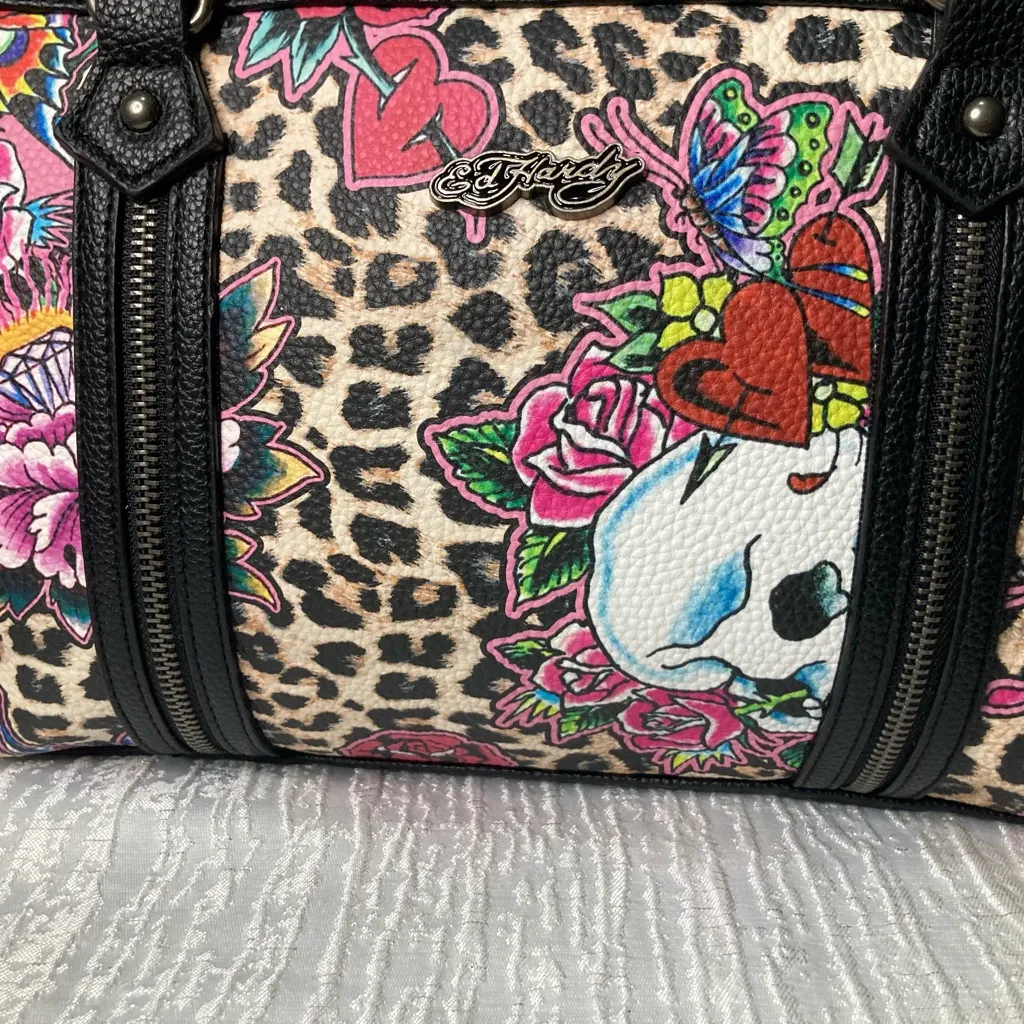 Ed Hardy Barrel Satchel Handbag Leopard Tattoo Floral Skull Print NWT - Image 4