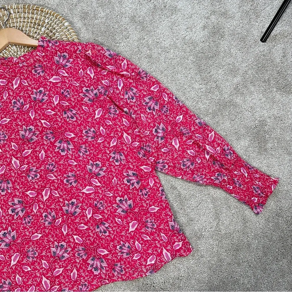 Joie Longsleeve Smocked Cuff Ruffle Neck Blouse Top Lined Floral Pink Size L - Image 4