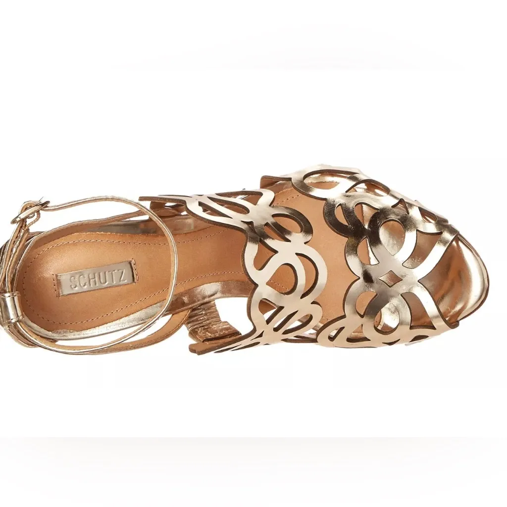 Schutz Darleneh Gold Cutout Patent Leather Peep Toe Heels Women’s Size 9 in EUC - Image 12