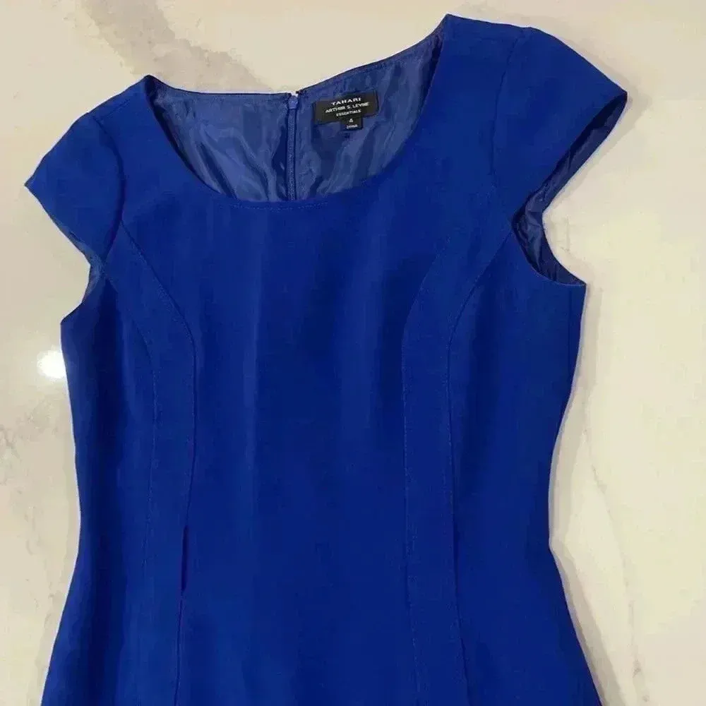 Tahari Arthur S. Levine Blue Cap Sleeve Career Dress Women's 4 Lined Belt Loops - Image 3