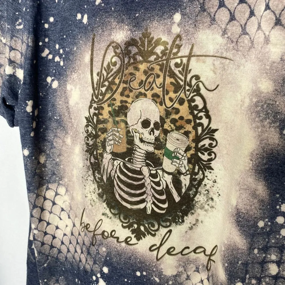 Gildan Death Before Coffee Skeleton Bleach Dye Graphic Tee Medium Short Sleeve - Image 4