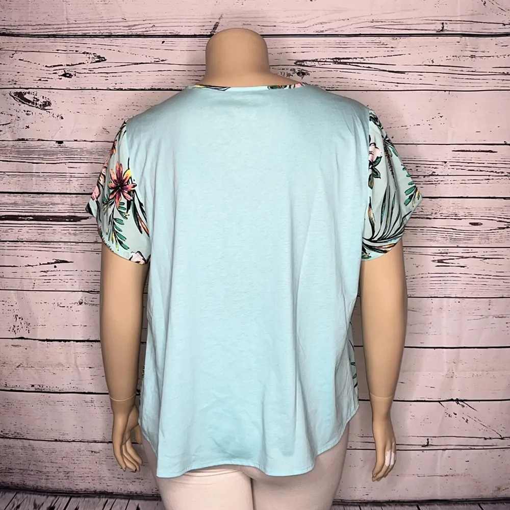 Van Heusen Size XXL Blue - Floral Print Split V-Neck Mixed Media Blouse Top - Image 3