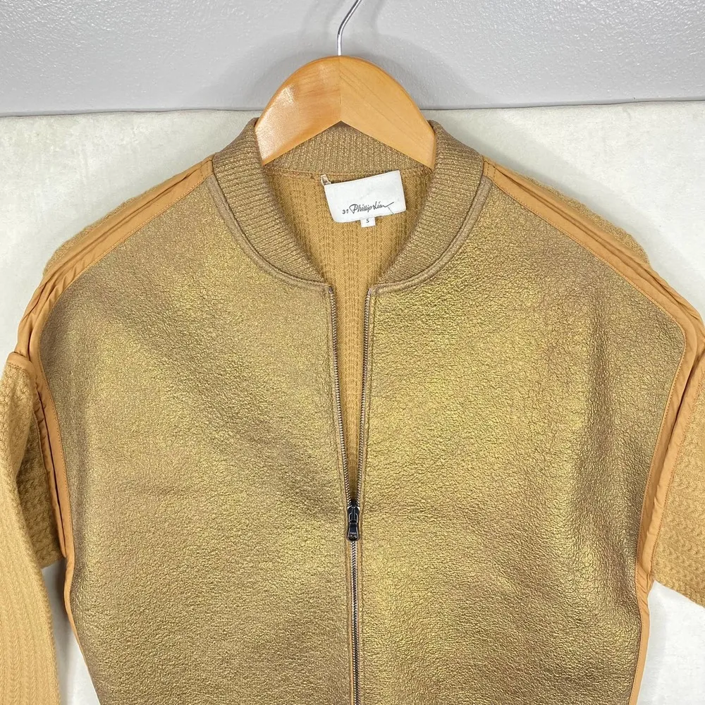 3.1 Phillip Lim Gold Full Zip Crop Jacket with Wool Blend Sweater Sleeves-Small - Image 7