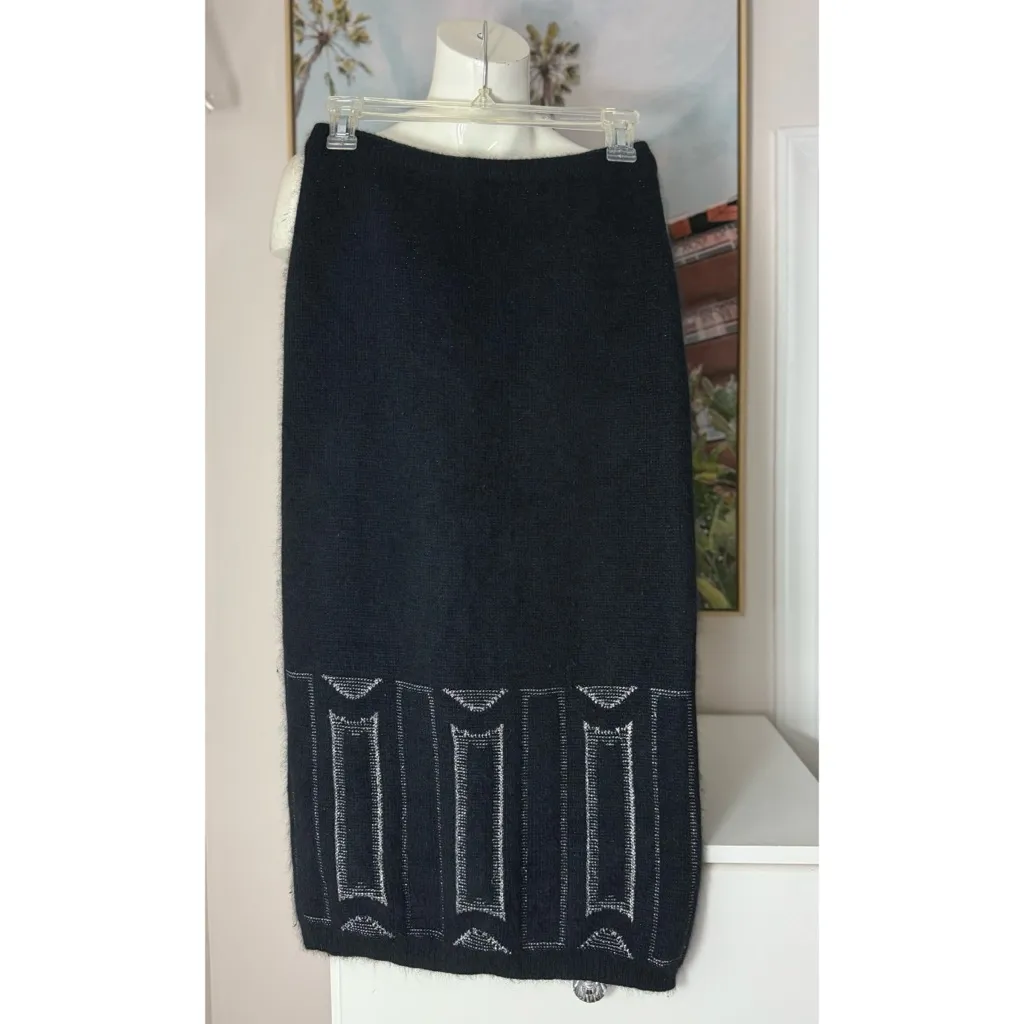 EREZ Black Silver Angora Rabbit Fur Lambswool Knit Midi Skirt Size Medium - Image 6