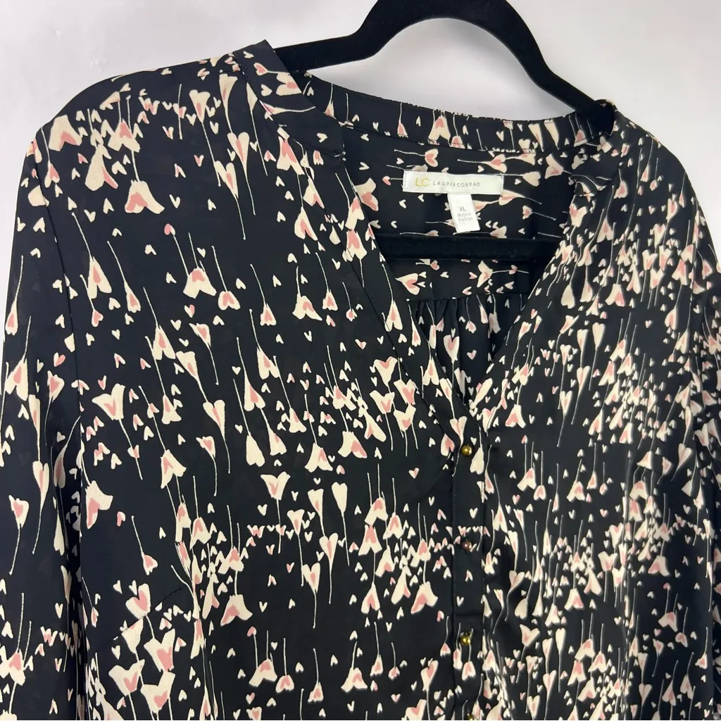 Lauren Conrad Black Pink Heart Print Blouse, XL, Button Front, Romantic Chic - Image 3
