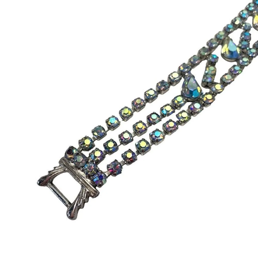 Vintage 50s Dazzling Blue Brilliant AB Prong Set Glass Rhinestones 4Row Bracelet Silver - Image 3