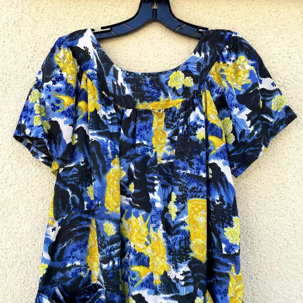 Vintage 1970s Mumu Dress Blue Gold Barkcloth Asian L XL - Image 2