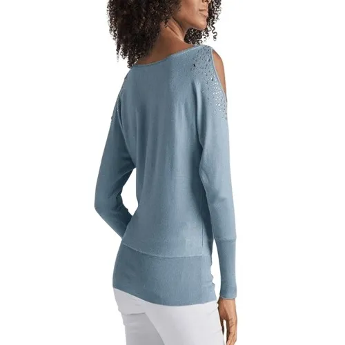 Venus Blue Rhinestones Cold Shoulder Sweater XXXL Cottage Sparkle Pastel NWOT‎ - Image 4