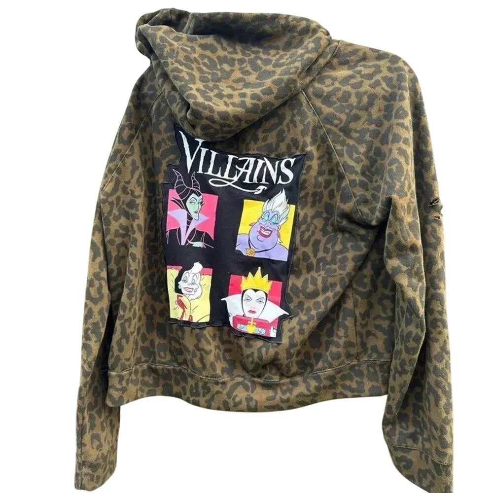 Disney Villain Graphic Zip Up Hoodie Olive Green Leopard Print Size Medium OOAK - Image 12