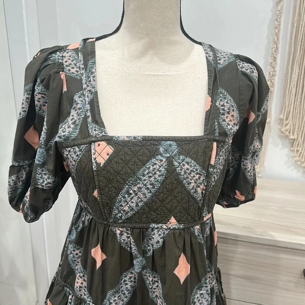 EUC ULLA JOHNSON Nora Tiered Puff Sleeve Cotton Army Green Midi Dress 8 - Image 5