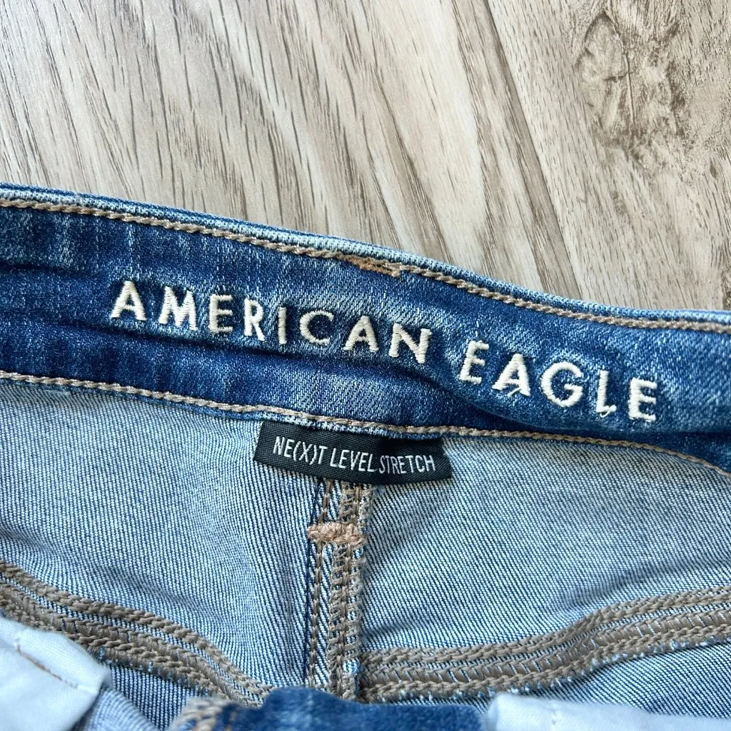 American Eagle Distressed Dark Wash Hi Rise Shortie Shorts Next Level Stretch 4 - Image 2