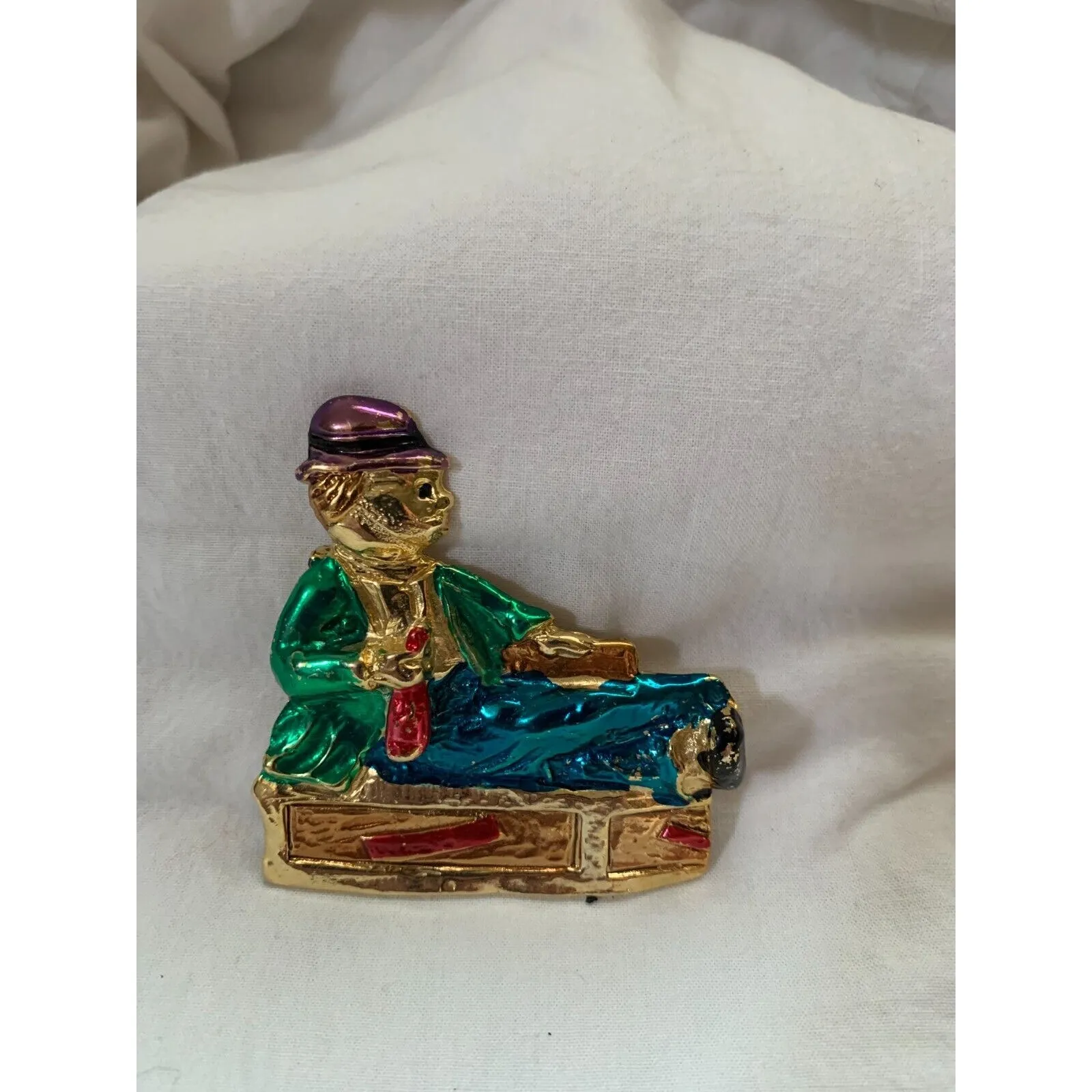 Clown Boy Vintage Brooch Pin Gold Enamel Sitting on Trunk Red Bottle Purple Hat - Image 2
