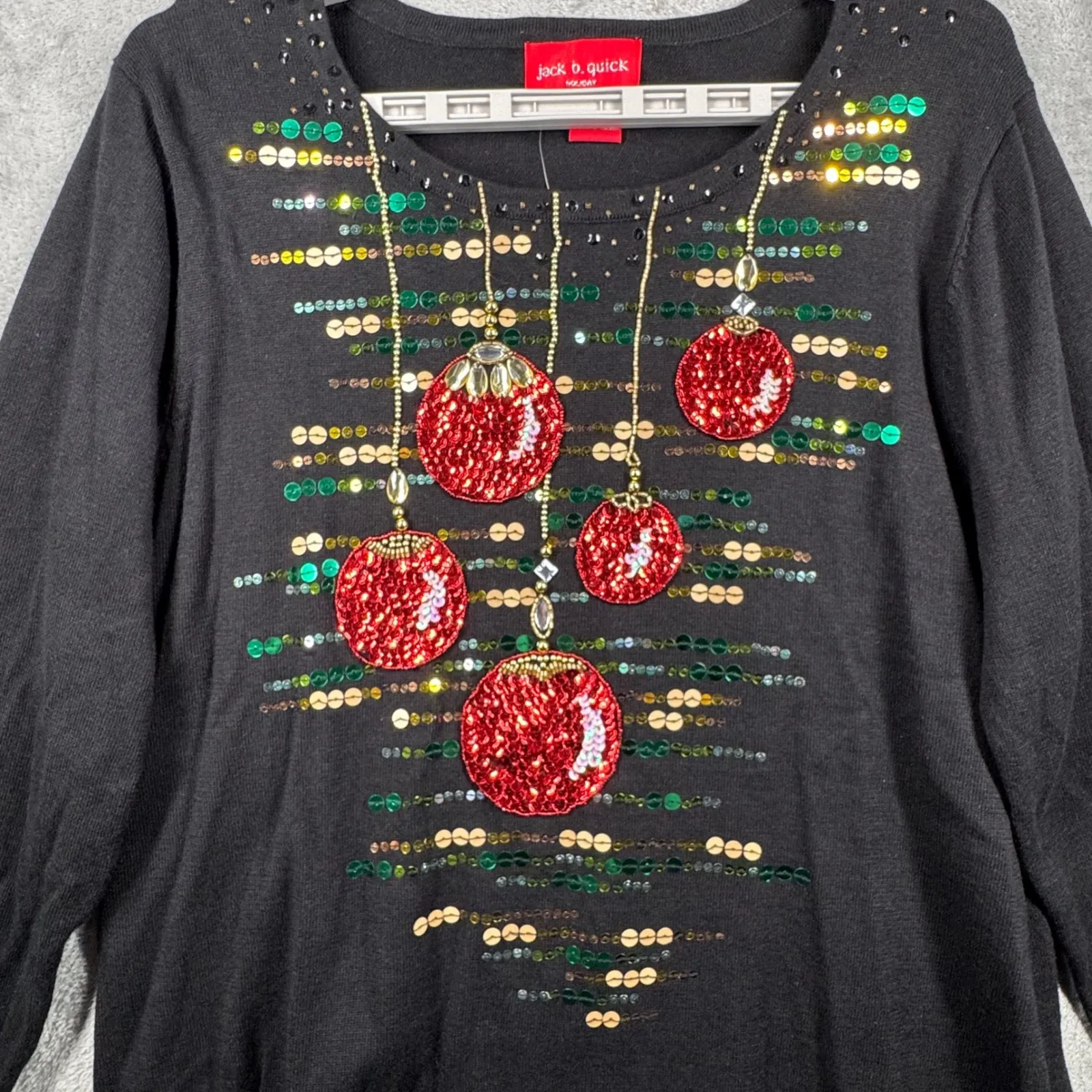 Jack B Quick Sweater XL Black Red Green Sequin Ornament Magic Holiday Sparkly - Image 5