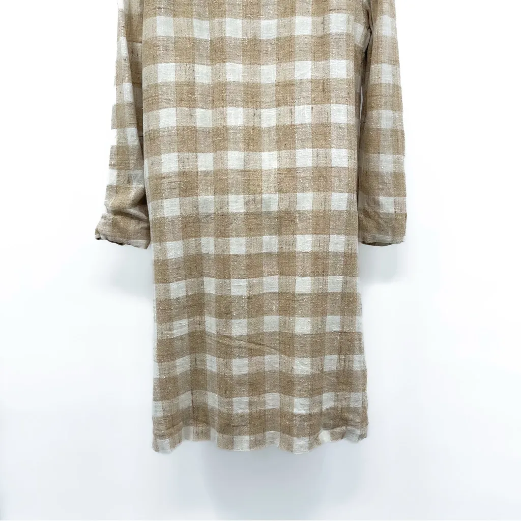Vintage Tweed Double Breasted Plaid Gingham Jacket Coat Peacoat Trench Long Tan Size M - Image 6