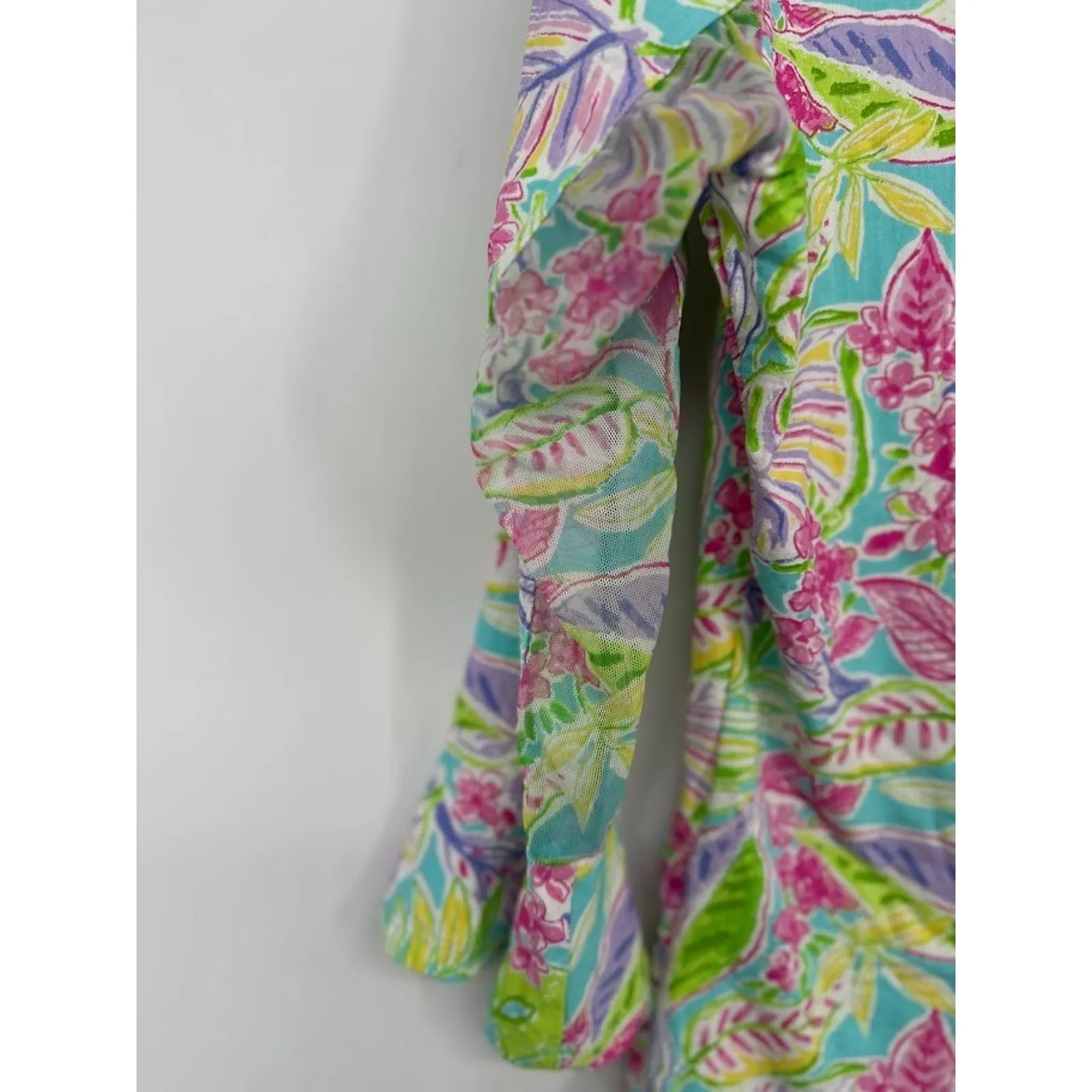 IBKUL Polo Top Womens Small Floral ICIKULS Mesh Bell Sleeve Golf Nylon Tropical Green - Image 3