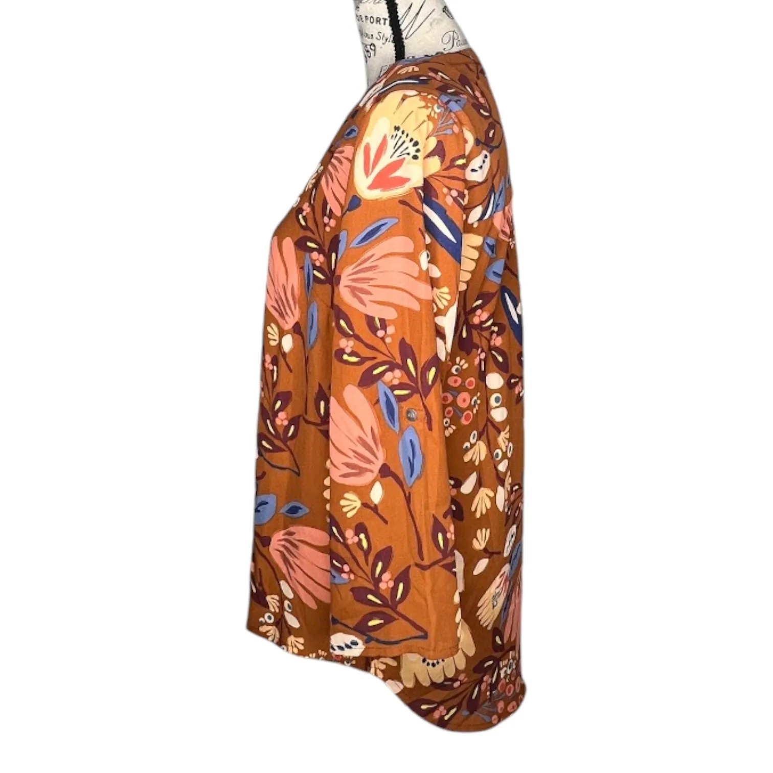 Daniel Rainn (M) Floral Notch Neck Blouse Long Sleeve Roll Tab High Low Hem Top - Image 2