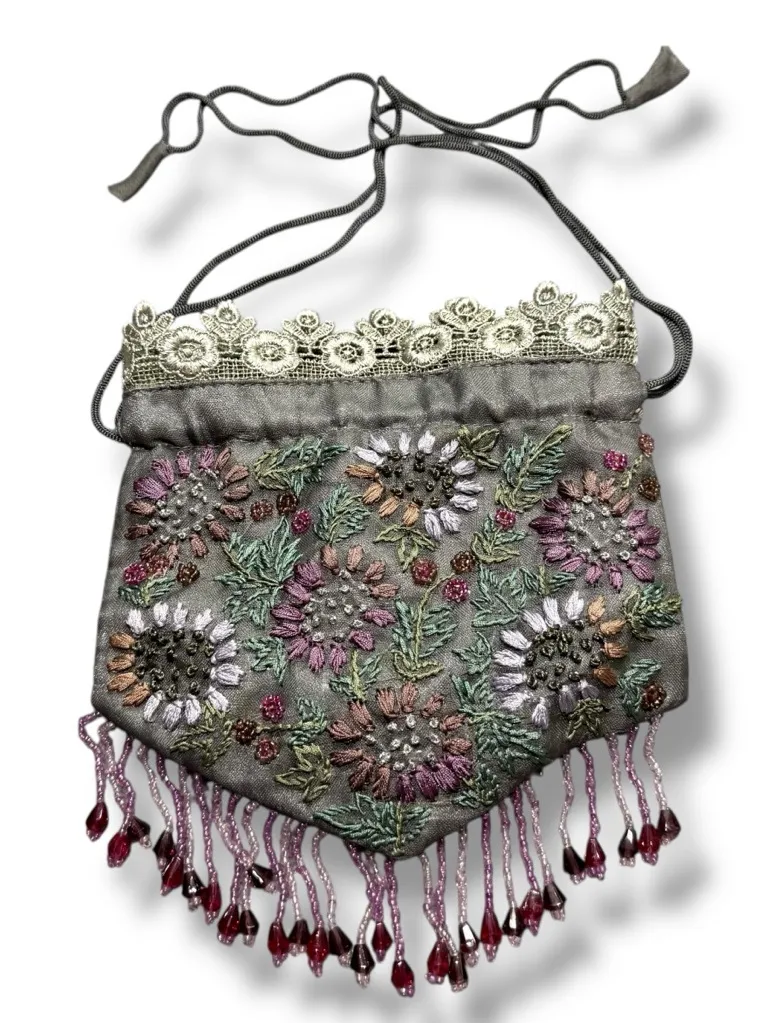 Christian Livingston Collection Embroidered Beaded Drawstring Pouch Purse Silver - Image 1