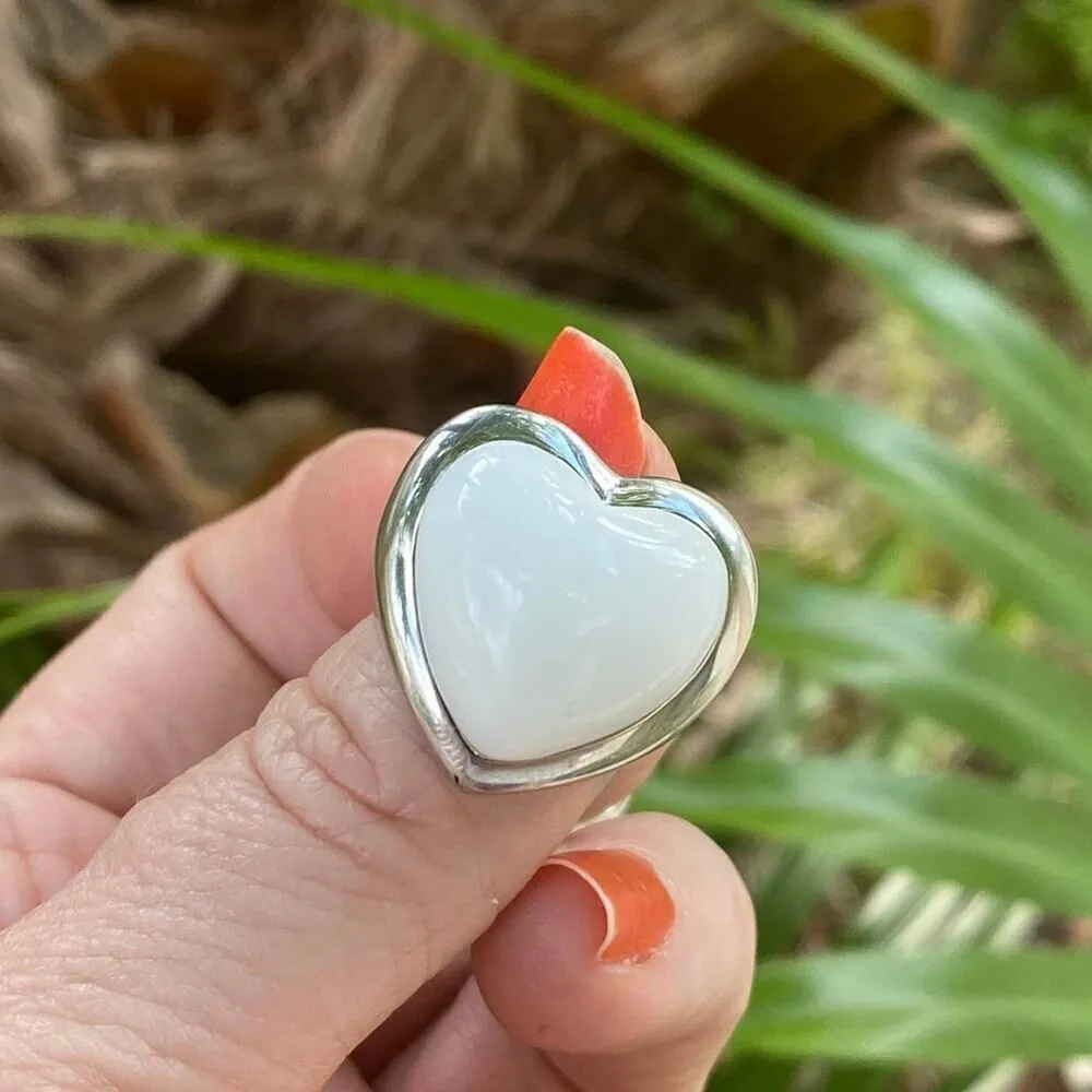 Vintage Ed Force Stainless Steel Large Heart Stone Ring Size 8 White - Image 3