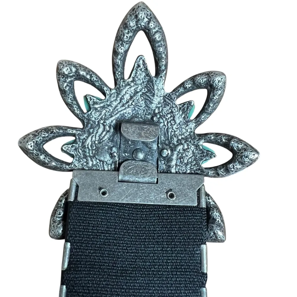 VTG 2000s Metal Stretch Statement Belt Rhinestone Flower Silver Tone Faux Jade - Image 9