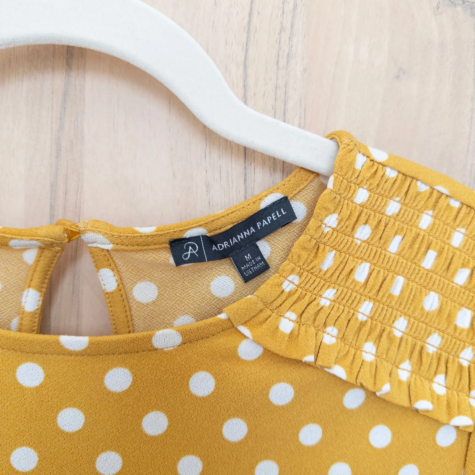 Adrianna Papell Womens Polka Dot Smocked Blouse Size M Yellow Office Retro Chic - Image 4