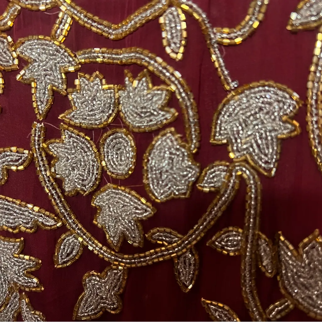 Vintage Beaded Silk Dress Red Gold Short Sleeve Knee Length Size Large - Image 5