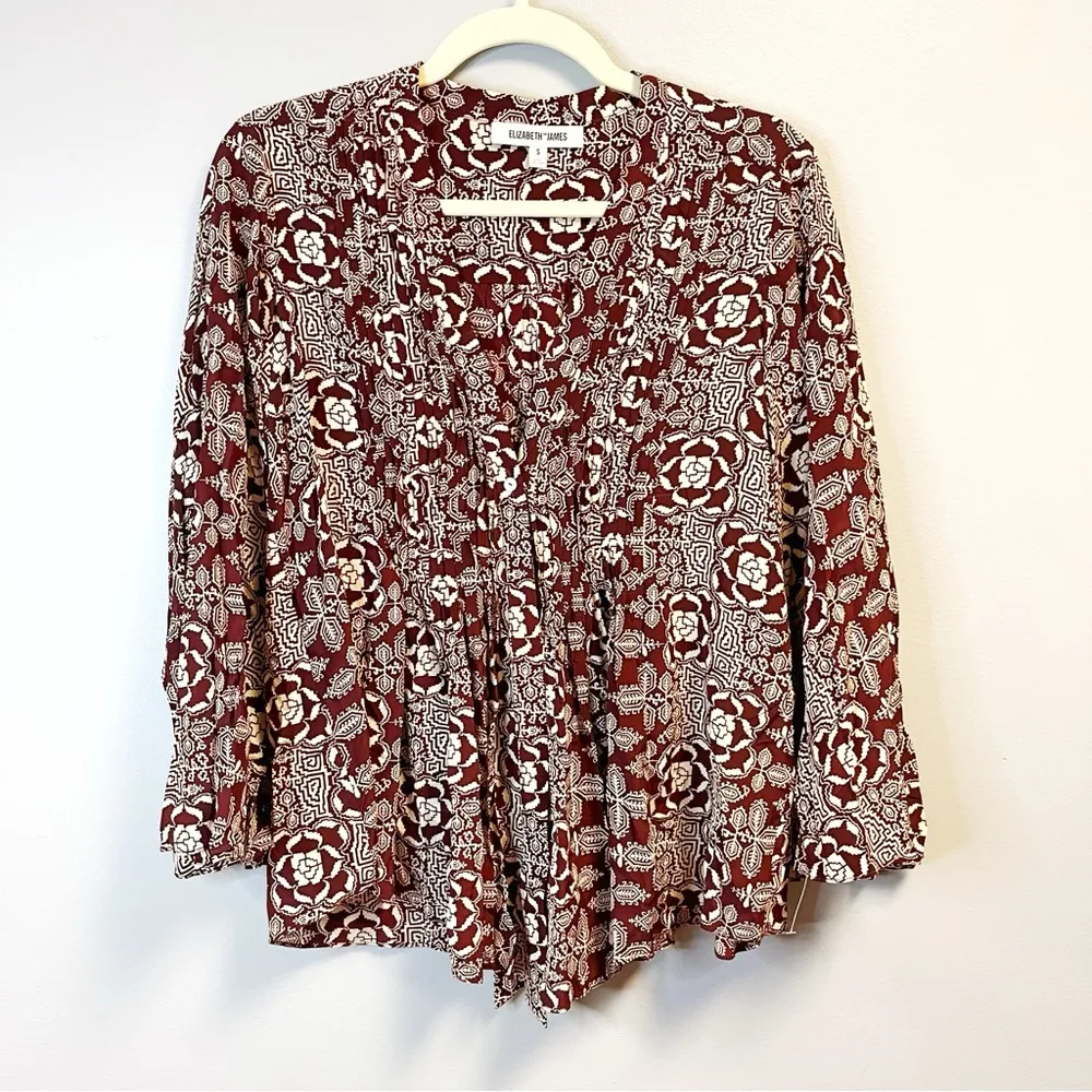 Elizabeth and James Blouse Burgundy & Cream Patterned Silk Kimono Top Sz S GUC - Image 4