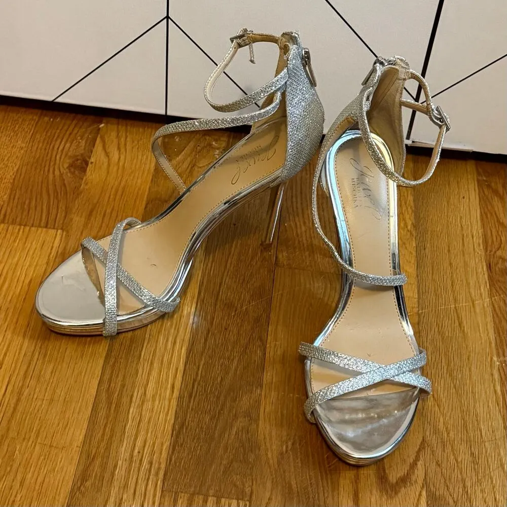 Jewel Badgley Mishka Galen Women’s 8 Silver Glitter Strappy High Heel Sandal - Image 3