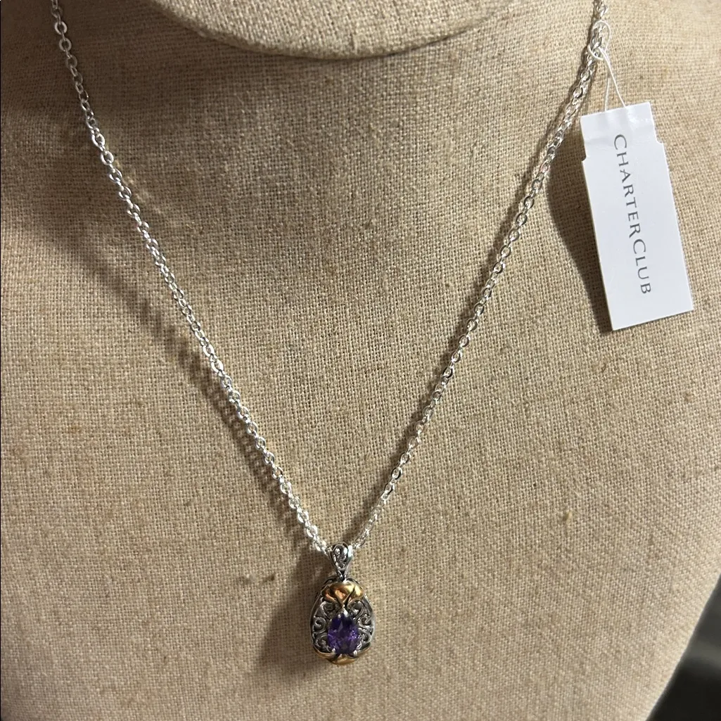 Elegant Silver and Gold Pendant purple center stone   Necklace - Image 2