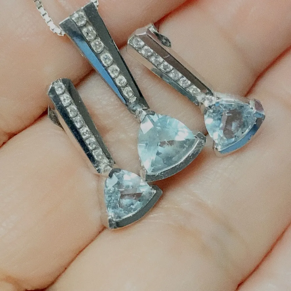 14K White Gold Trillion Cut Aquamarine Round Diamond Earrings and Necklace Set - Image 9