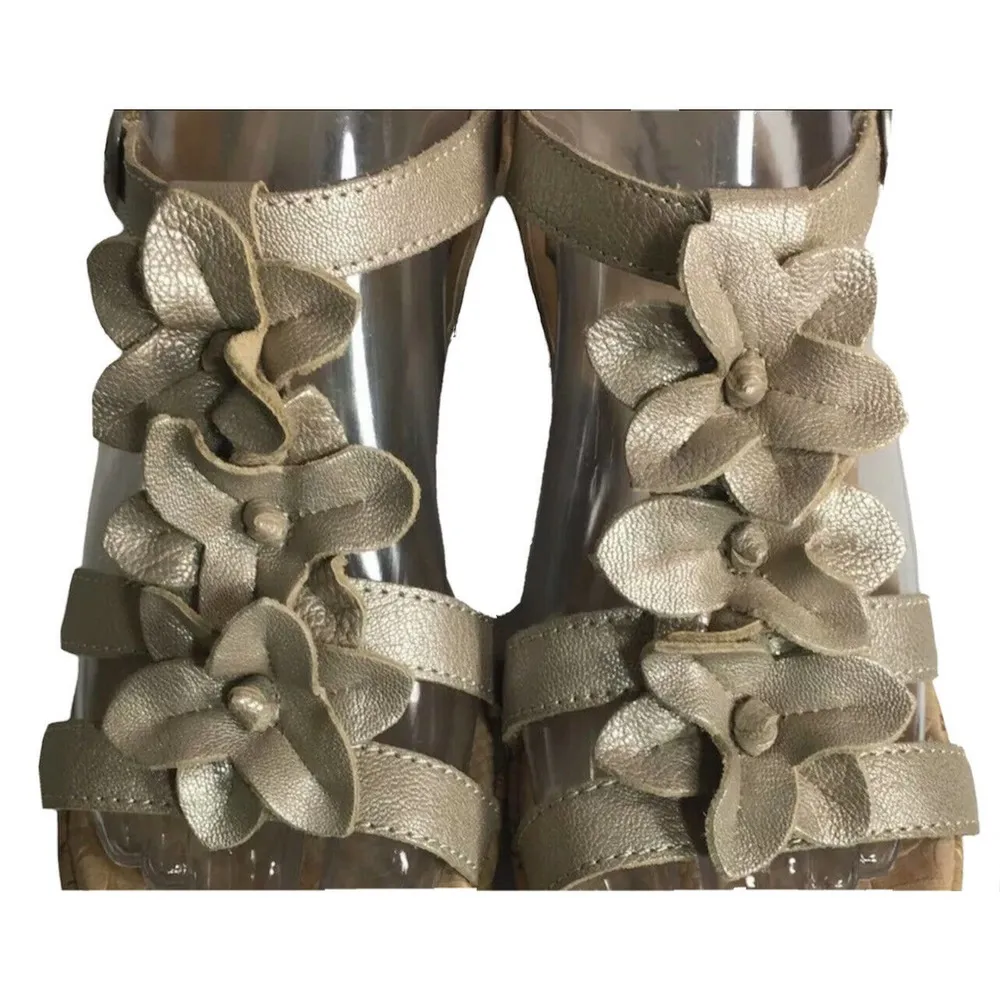 Womens Browns Landing Sicily Champagne Gold Leather Flower Cork Wedge Sandals 7M Size 7 - Image 6