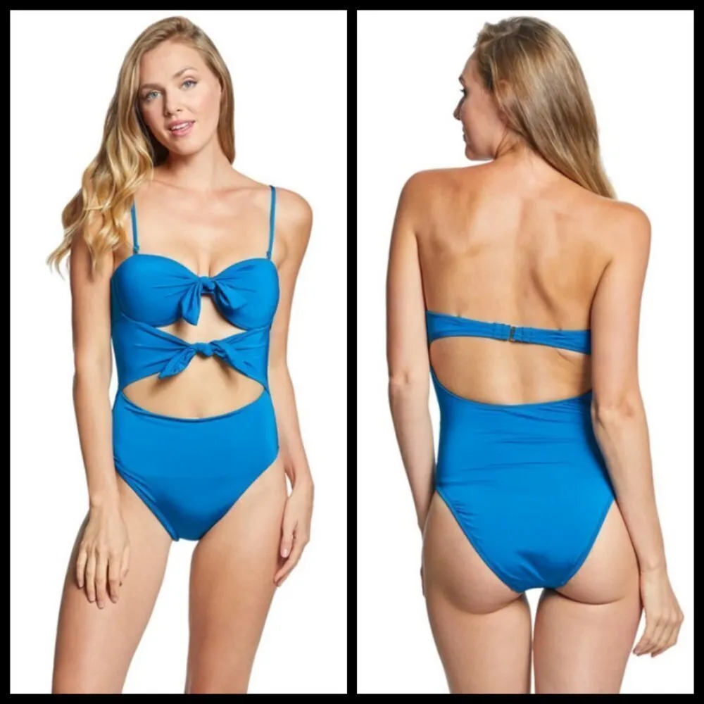 💕TRINA TURK💕 Getaway Solid Tie Bandeau One Piece Swimsuit Teal Blue 14 NWT - Image 5
