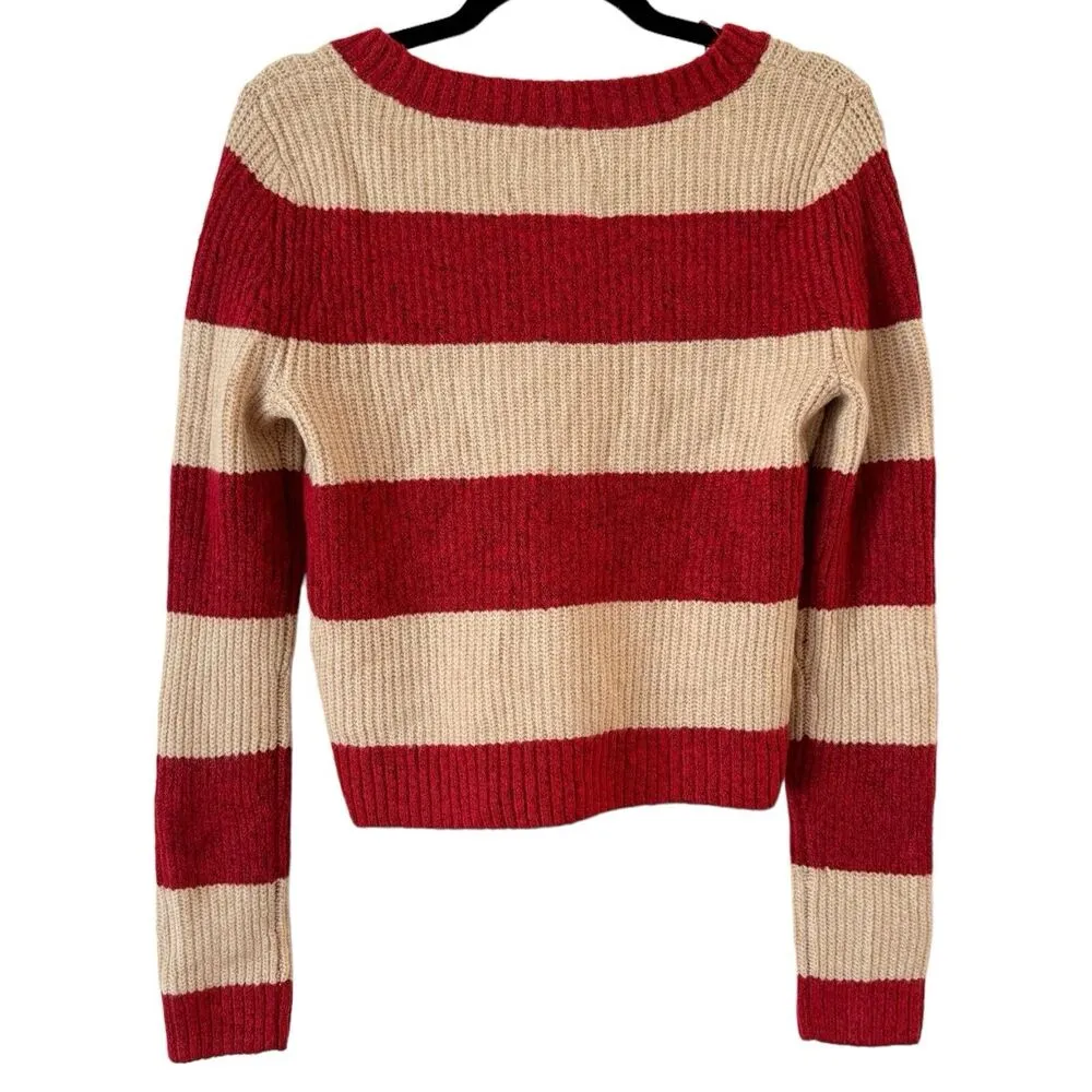 NWT American Eagle Red Beige Striped Button Front Cropped V Neck Cardigan Small - Image 2