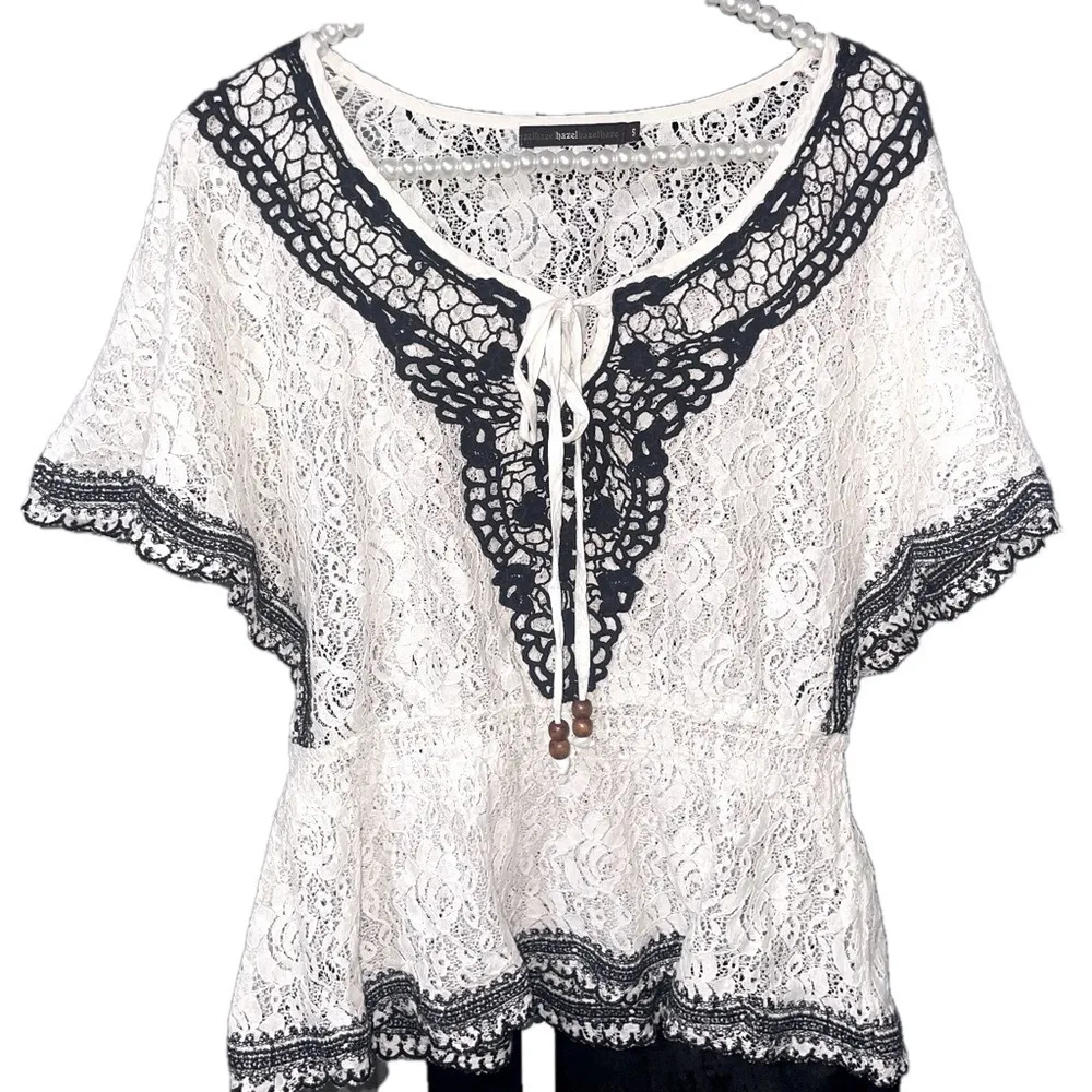 Hazel Lace Ruffle Babydoll Top Women Small Floral Boho Dainty Feminine Hippie White - Image 2