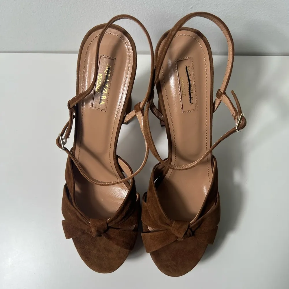 Aquazzura Baba Cognac Suede Platform Sandal Heels Pumps Brown Size 10 - Image 10