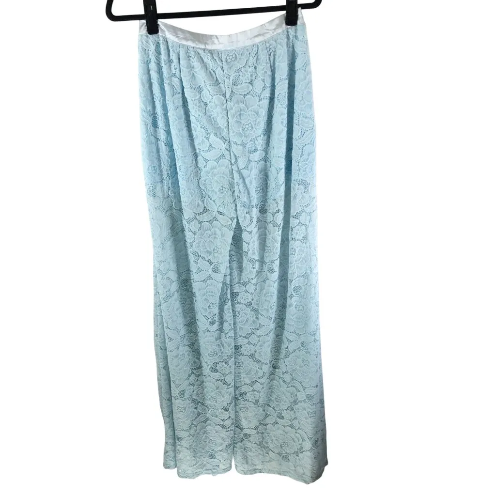 PrettyLittleThing Womens Pants Wide Leg Lace Satin Sheer Light Blue 6 - Image 2
