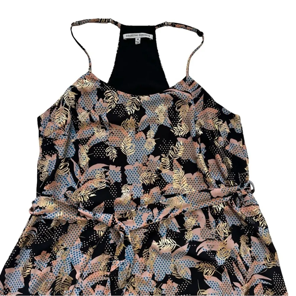 Collective Concepts Dress Pink Black Gold Floral Halter Sash Tie Waist Medium - Image 9
