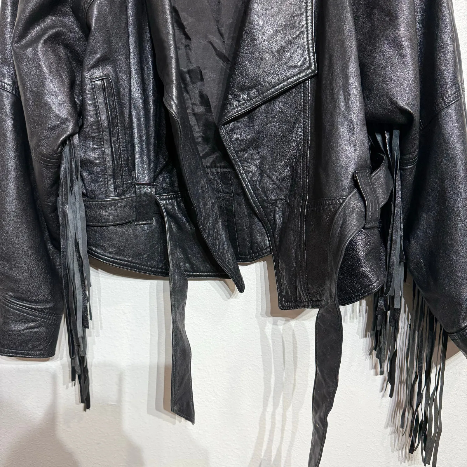 Belle Starr's Bootique Black Leather Cropped Vintage Fringe Moto Jacket Sz L Size L - Image 4