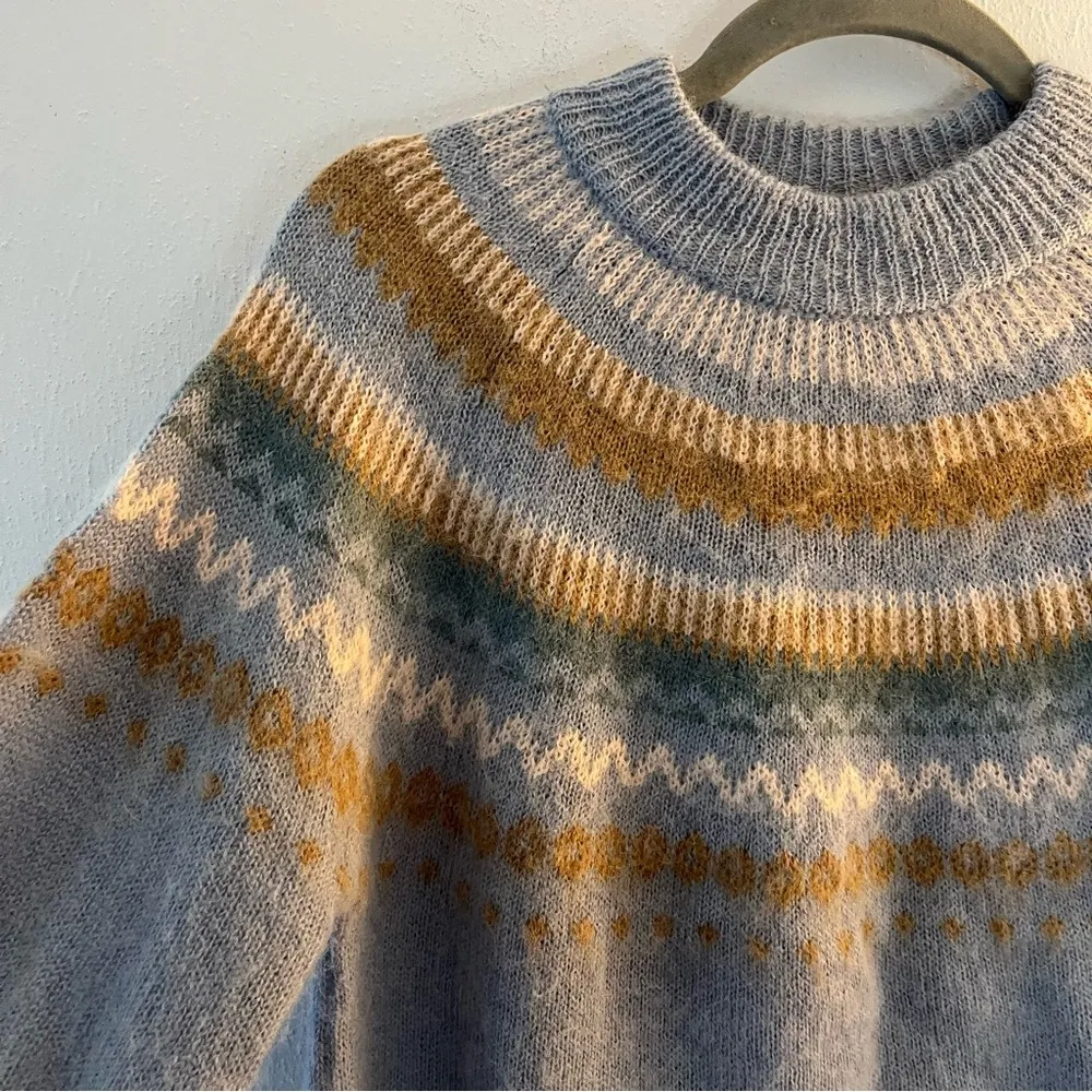 J. Crew Sweater Blue Fair Isle Yoke Puff-Sleeve Sweater Sz XXS EUC Oversized - Image 5