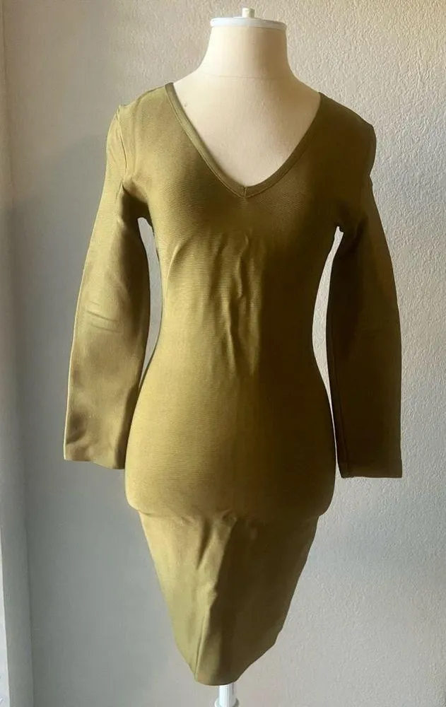Women's Sage Green Knit Bodycon Dress Size L Long Sleeve V - Image 3