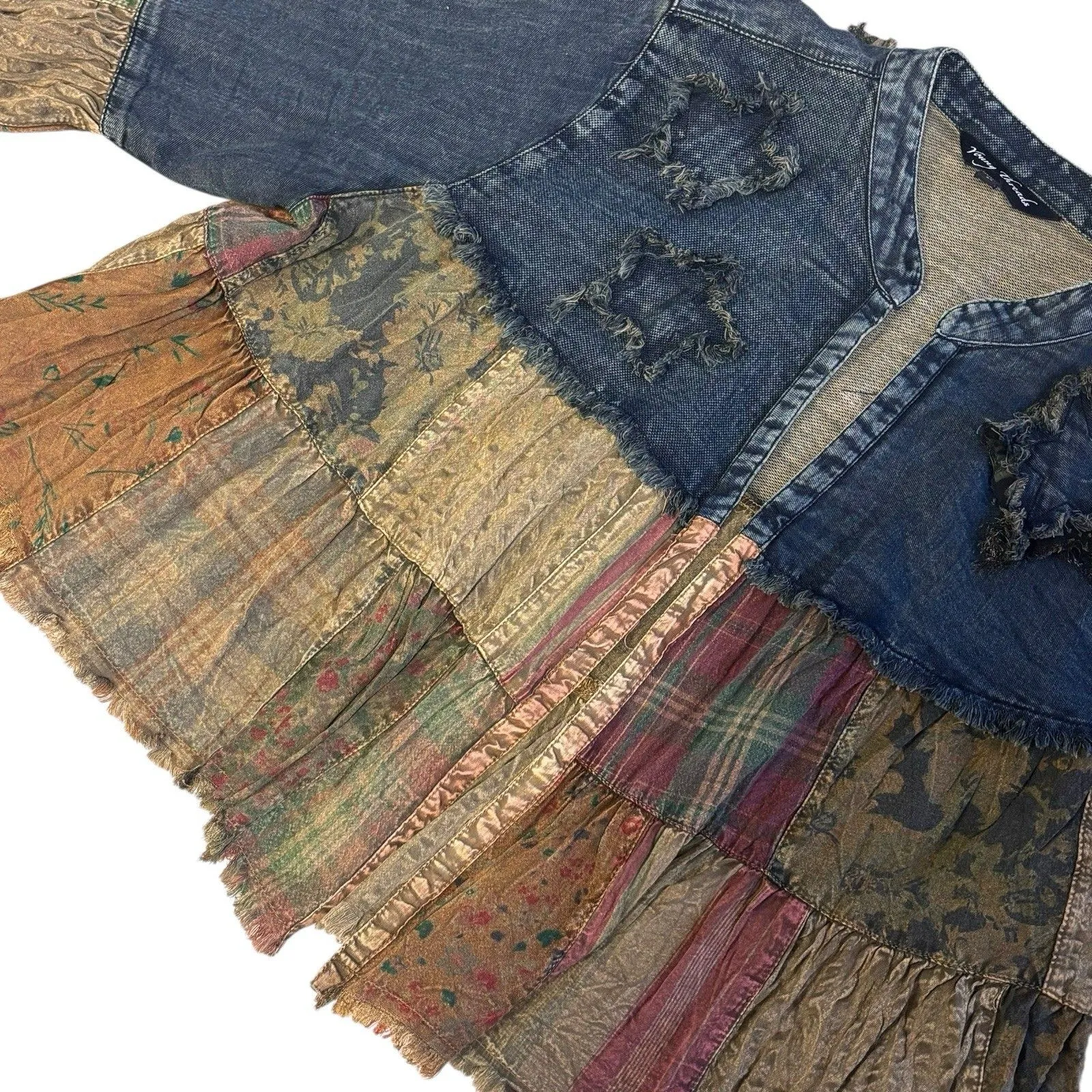 Young Threads Ruffle Patchwork Boho Denim Cardigan M Whimsiboho Western Hippie Blue Size M - Image 4