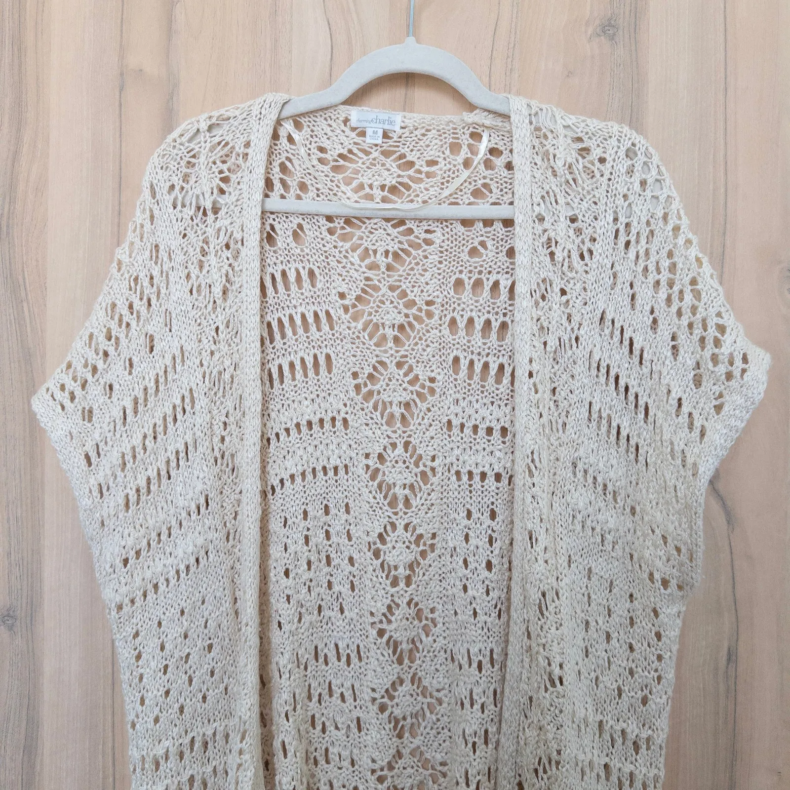 Womens‎ Crochet Cardigan Size M Cream Kimono Duster Fringe Boho Festival Layer - Image 2