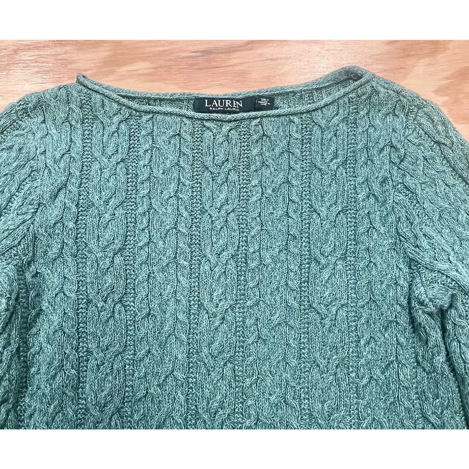 LAUREN RALPH LAUREN Rollneck Cable Knit Sweater Green Size Medium Fisherman - Image 4